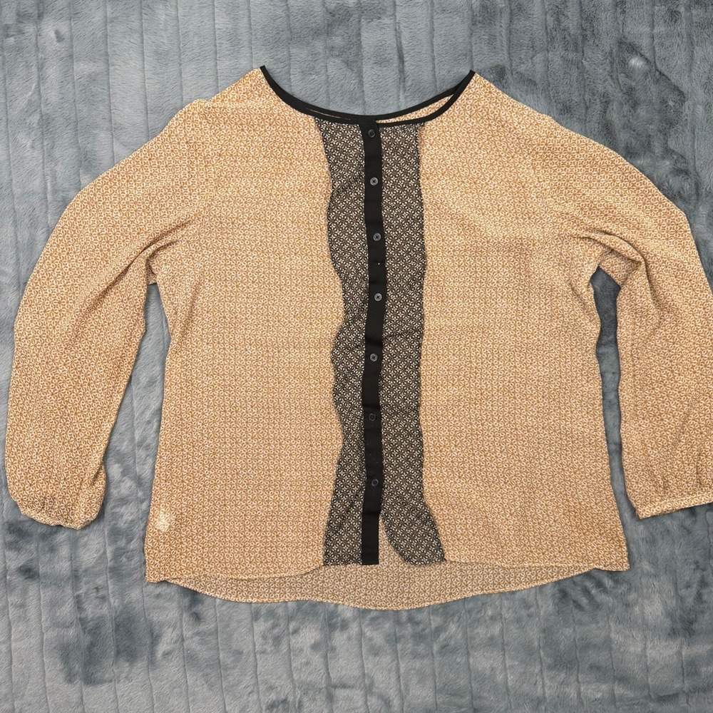 Ann Taylor LOFT Tan Floral Print Ruffle Button Front Blouse XL Womens
